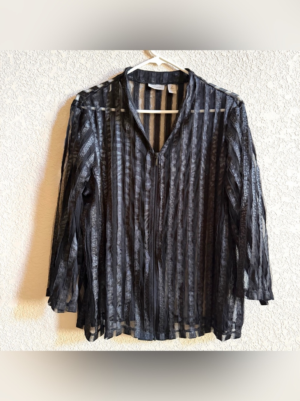 EASYWEAR by Chico's Sz L Black Jacket Cardigan Full Zipper Polyester Stripe Mesh